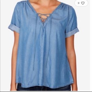 LUCKY BRAND | CHAMBRAY BLUE DENIM  CUFFED SHORT SLEEVE LACE UP TOP BLOUSE SZ XS